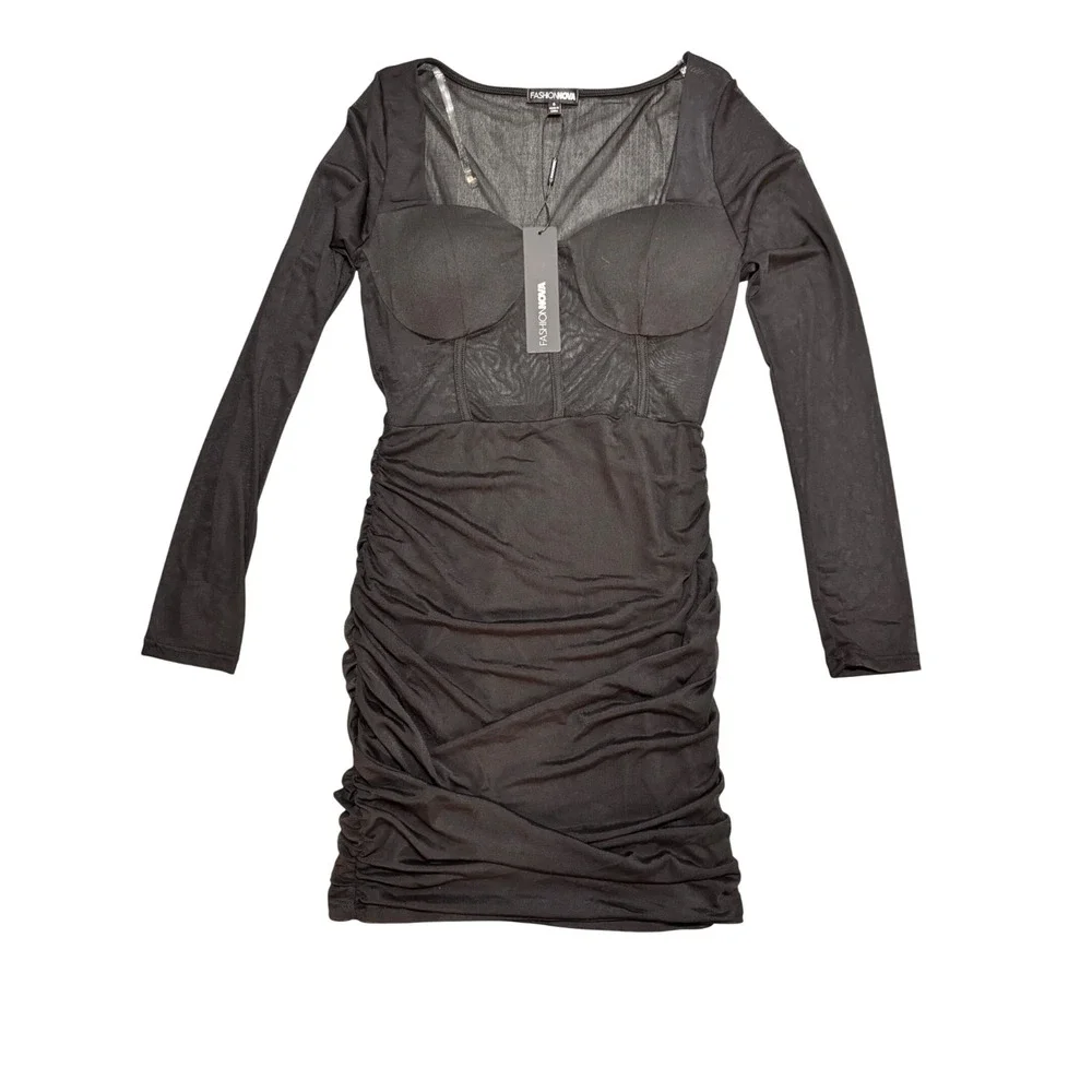 Fashion Nova Lola Mesh Corset Mini Dress Black Ruched Long Sleeve Small LD51650L